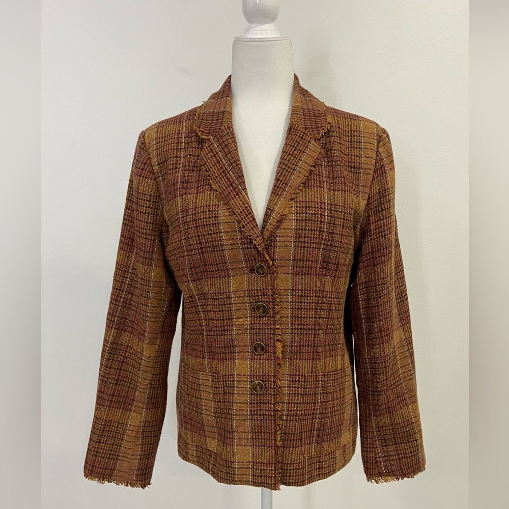 Vintage Coldwater Creek Wool Blend Plaid Fringe Orange Brown Lined Blazer Sz 14